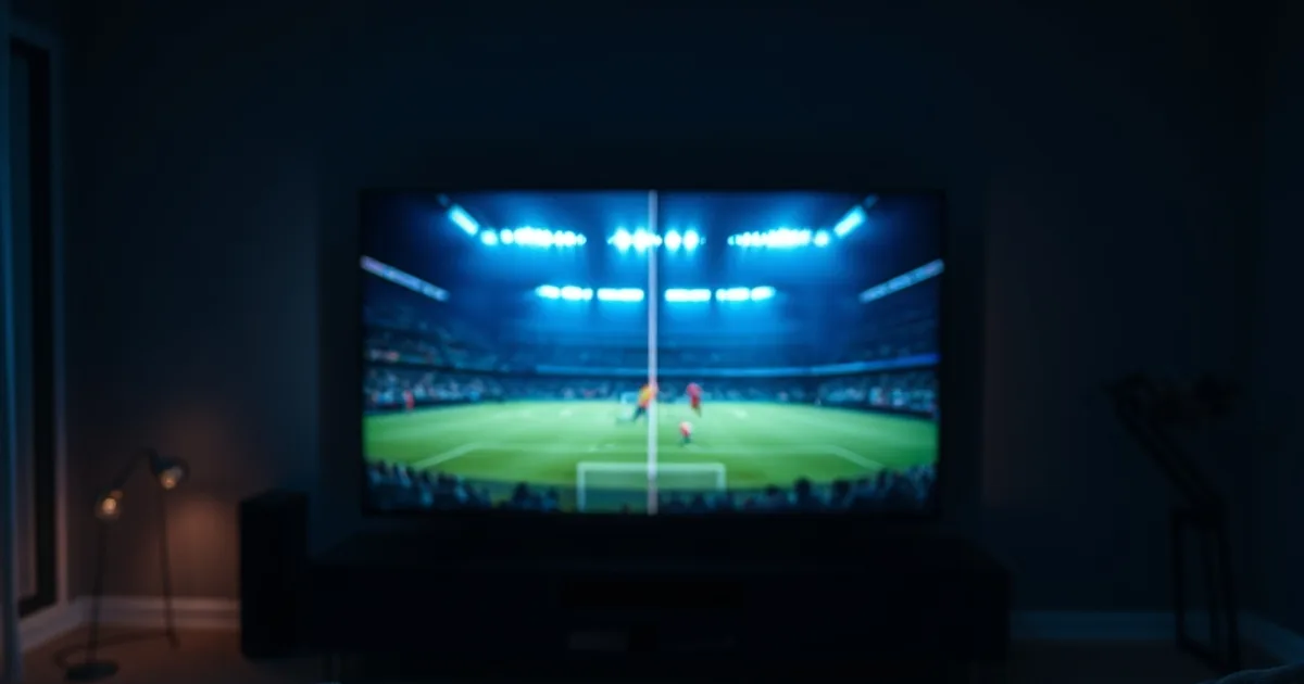 Salón a oscuras iluminado por una pantalla dividida en dos que muestra un partido de La Liga en directo