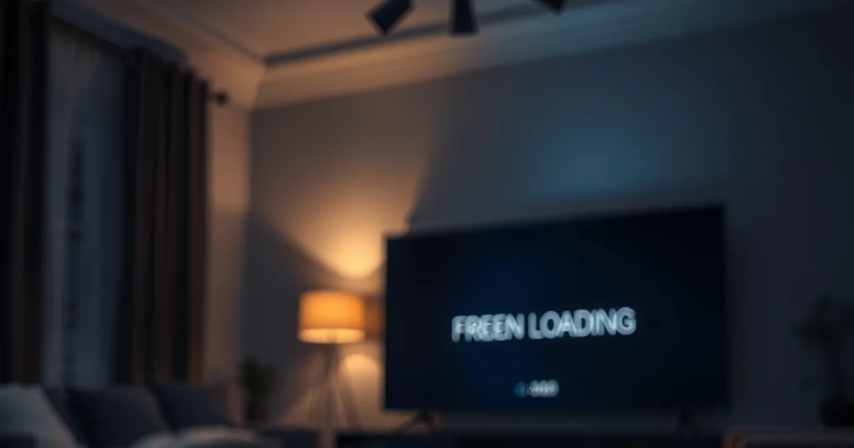 Router doméstico con luces LED azules encendidas de noche, con un televisor desenfocado al fondo mostrando una pantalla congelada