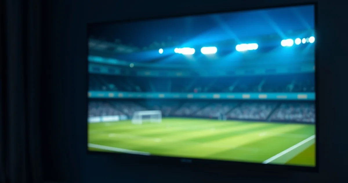 Salón a oscuras con un televisor encendido que refleja el verde de un estadio de fútbol bajo focos, con un mando y un dispositivo de streaming en primer plano