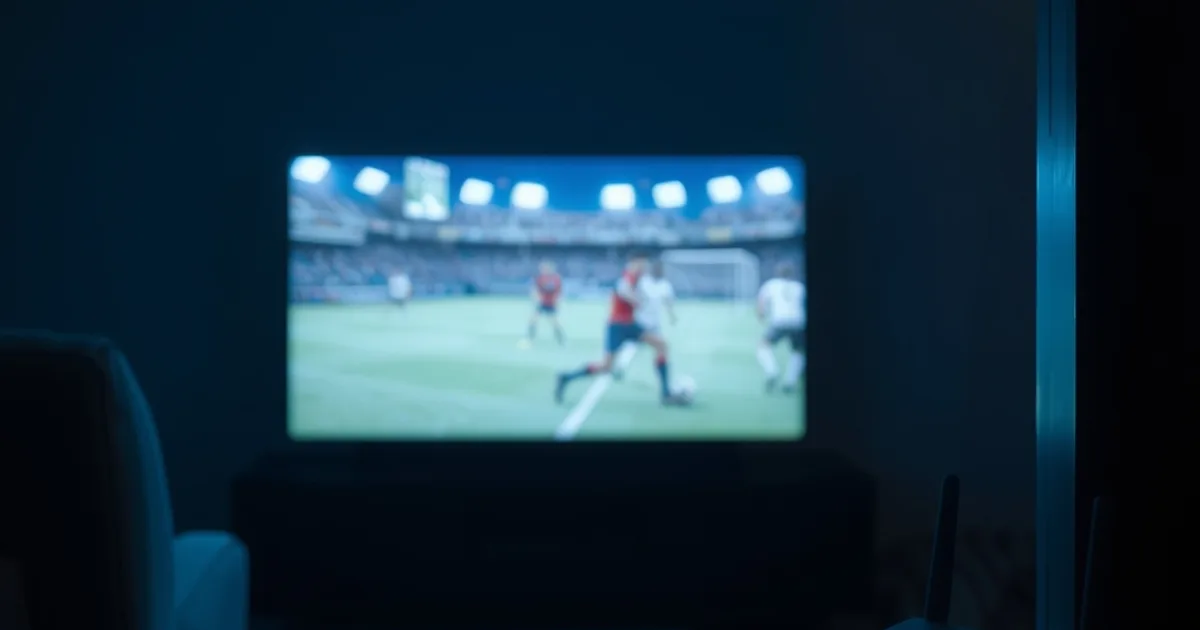 Salón a oscuras iluminado por la pantalla de un partido de Champions League, con un router parpadeando en primer plano