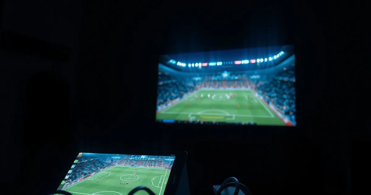 Salón a oscuras con un televisor mostrando un estadio de fútbol iluminado y una tablet con otro partido en segundo plano, cable ethernet conectado a un router