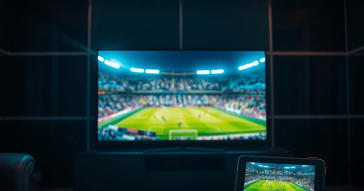 Salón oscuro y cinematográfico de noche con una televisión mostrando un partido de fútbol en directo, un móvil y una tablet sobre la mesa reproduciendo también contenido deportivo