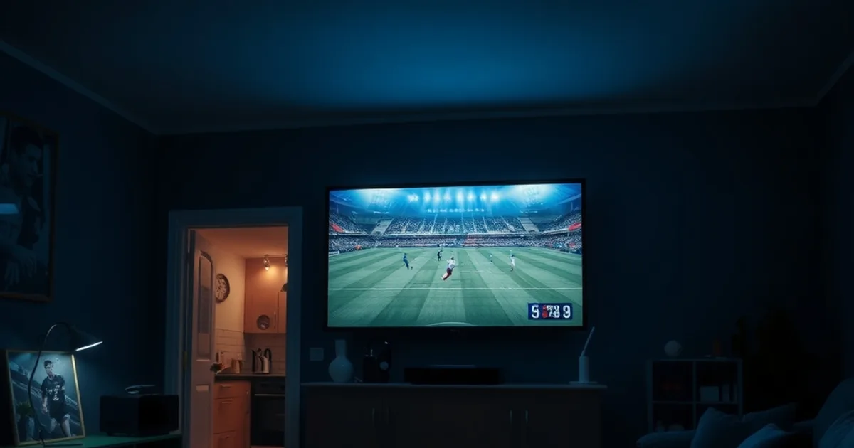 Salón oscuro iluminado por un televisor con un partido de fútbol en directo, con otra pantalla encendida al fondo en la cocina y un router con luces en primer plano