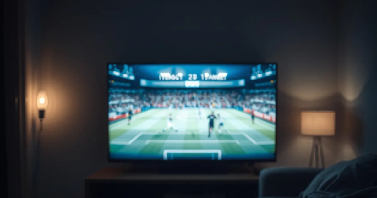 Salón a oscuras iluminado por la pantalla de un televisor con un partido de fútbol en directo, mando y dispositivo de streaming en primer plano