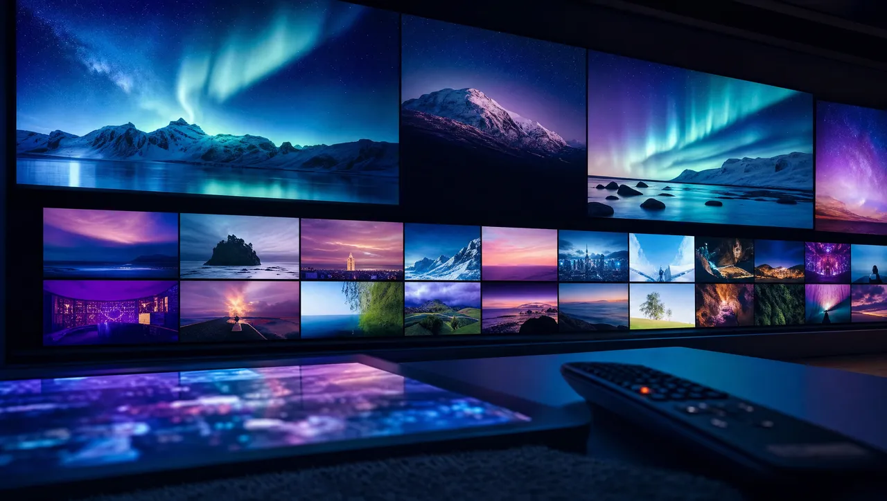 Muro de pantallas reproduciendo contenidos, que ilustra España IPTV en Smart TV y Fire TV Stick