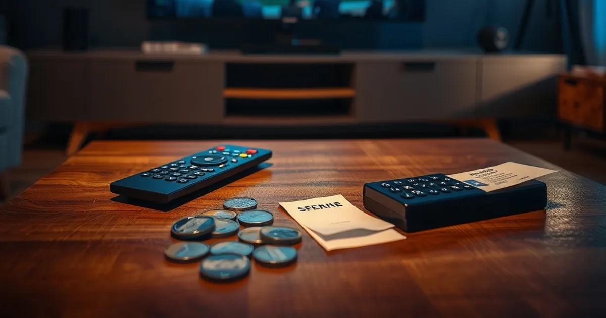 Salón oscuro y cinematográfico con un televisor encendido mostrando un partido de fútbol congelado, mando a distancia y monedas de euro sobre una mesa de centro
