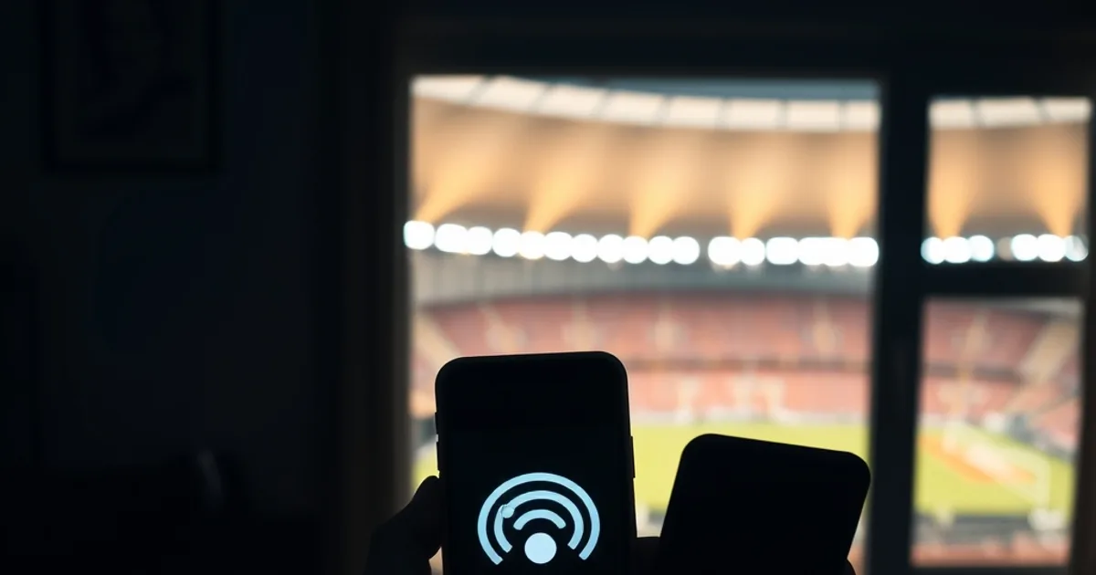 Router con luces encendidas y un móvil mostrando el icono de datos móviles en una sala oscura, con el resplandor lejano de un estadio a través de la ventana.