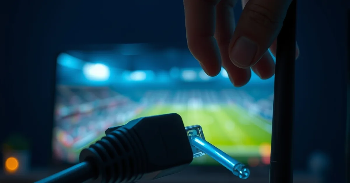 Primer plano de un cable Ethernet conectándose a un router con un partido de fútbol de fondo en una televisión, ambiente oscuro y cinematográfico