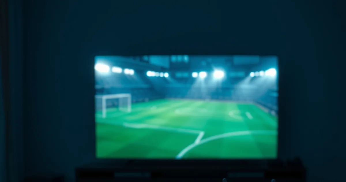 Salón a oscuras iluminado por el brillo de una pantalla con un partido de fútbol, con un router y un cable Ethernet en primer plano
