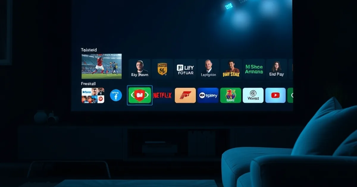 Salón oscuro con un televisor mostrando la interfaz de una app de streaming IPTV, ambiente cinematográfico previo a un partido de Champions League