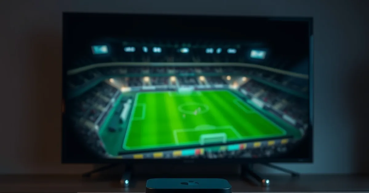 Android Box conectado a un televisor que muestra un partido de fútbol en directo, en un salón con luz tenue