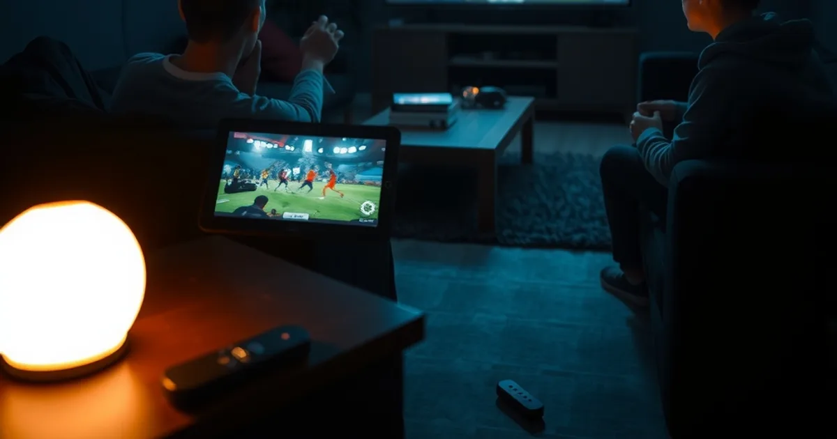 Salón familiar de noche con varias pantallas encendidas a la vez viendo IPTV: televisor, tablet y móvil sincronizados