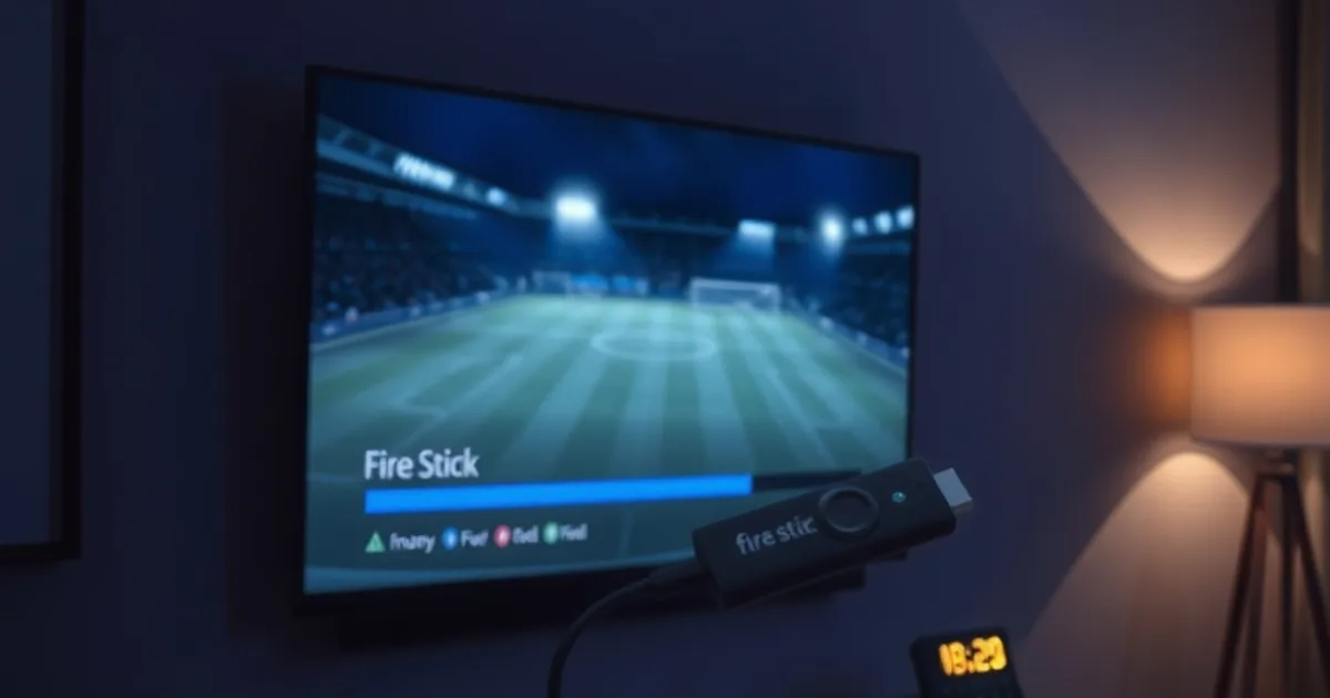 Fire Stick conectado a un televisor con la imagen de un partido de fútbol congelada y el icono de carga en pantalla, en una sala de estar oscura con el router encendido al fondo.