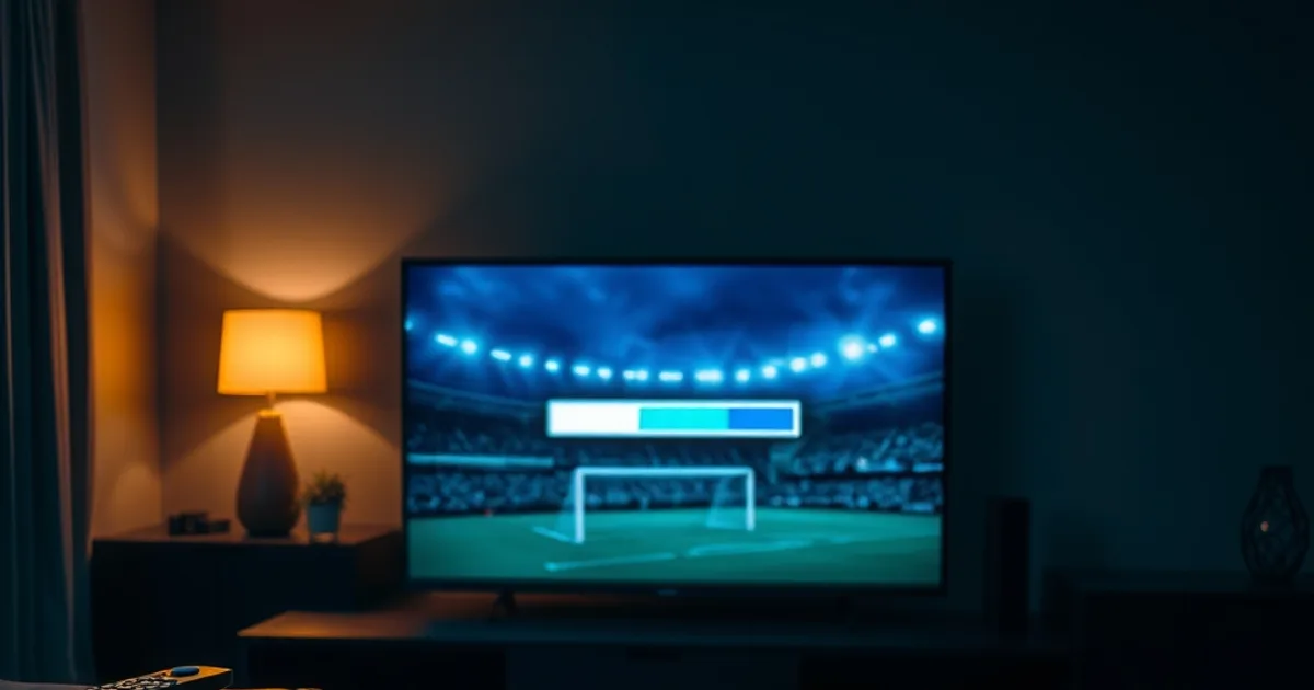 Salón a oscuras iluminado por una televisión que muestra un partido de fútbol congelado con un icono de carga, ambiente de tensión durante un partido de La Liga