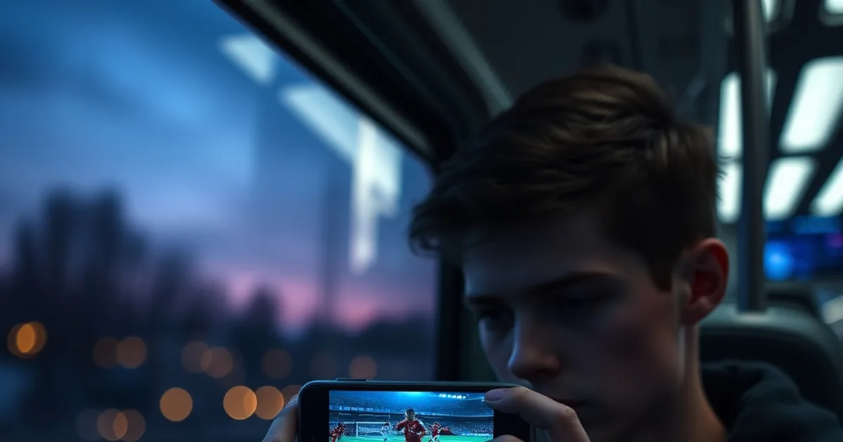 Persona viendo un partido de fútbol en IPTV desde el móvil en un tren, con la pantalla iluminando su rostro al atardecer