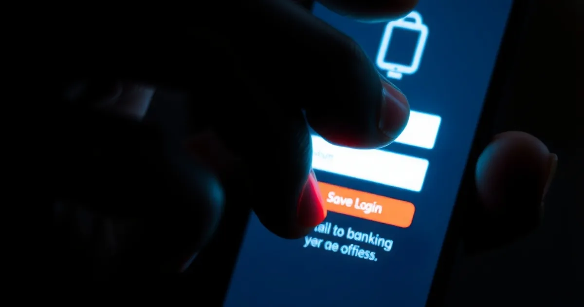 Primer plano de una pantalla de móvil con un formulario de acceso bancario distorsionado por una superposición fraudulenta, en un ambiente oscuro y cinematográfico