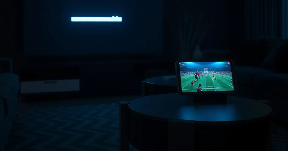 Televisor congelado a media transmisión mientras un móvil junto a él muestra el partido en directo como plan de respaldo, en una sala oscura y cinematográfica.