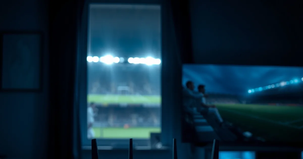 Router encendido en una sala oscura con una pantalla de televisión mostrando un icono de carga al fondo, y el resplandor lejano de los focos de un estadio de fútbol a través de la ventana.