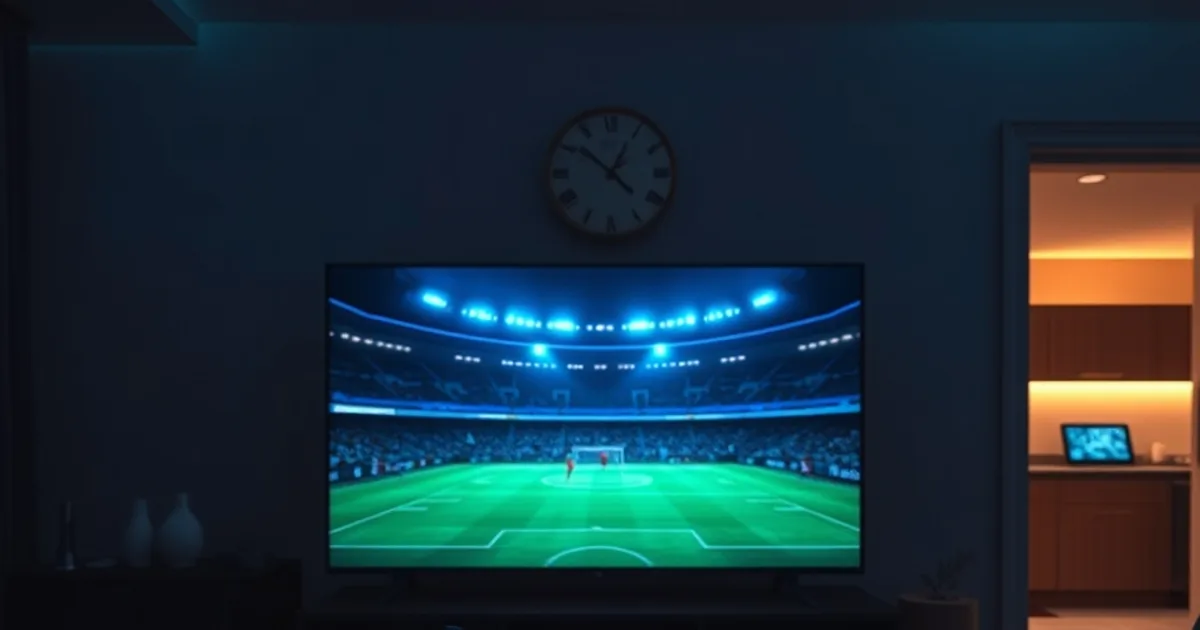 Salón oscuro iluminado por un televisor con un partido de fútbol en 4K y un router con cable Ethernet en primer plano