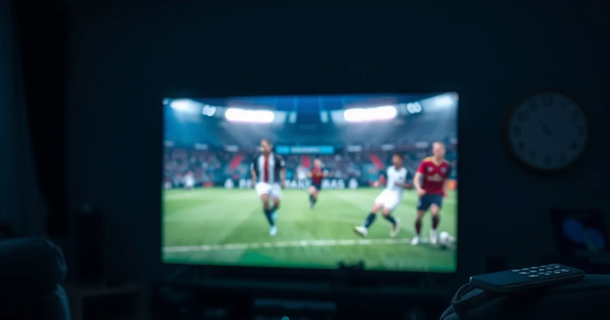 Salón oscuro y elegante de noche con una pantalla de televisión encendida mostrando un partido de fútbol en directo, ambiente cinematográfico premium