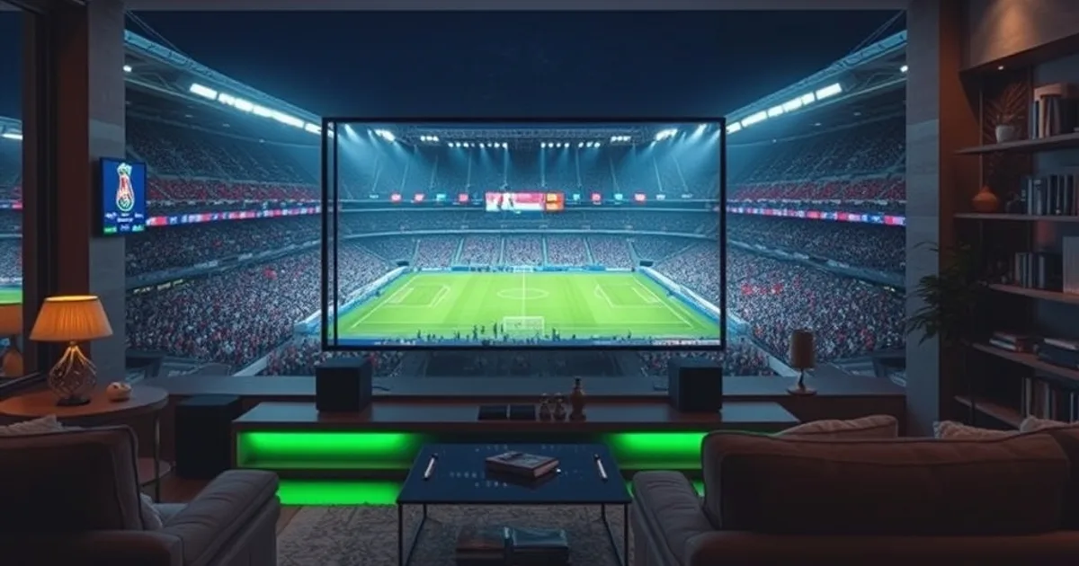 Un salón español por la noche con una gran TV mostrando un estadio de fútbol iluminado durante un partido de Champions League