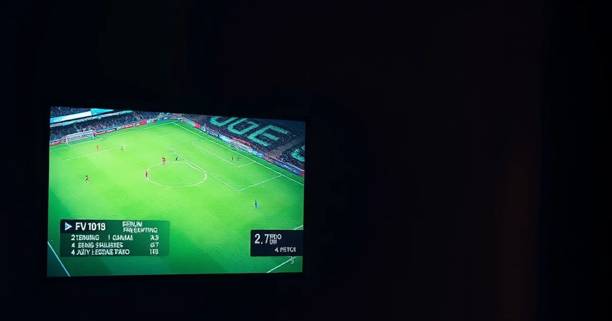 Televisor encendido en una sala oscura mostrando un partido de fútbol con una esquina de la imagen pixelada, sugiriendo un corte de señal en directo