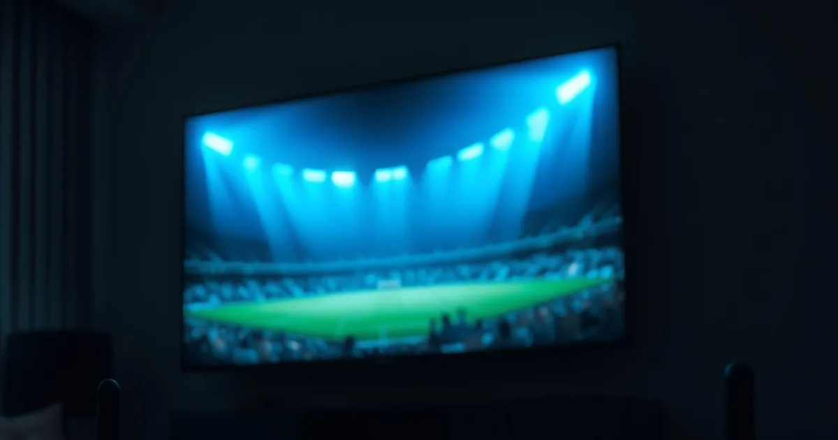 Salón a oscuras con un router conectado por cable Ethernet en primer plano y la luz de un televisor iluminando la escena de noche