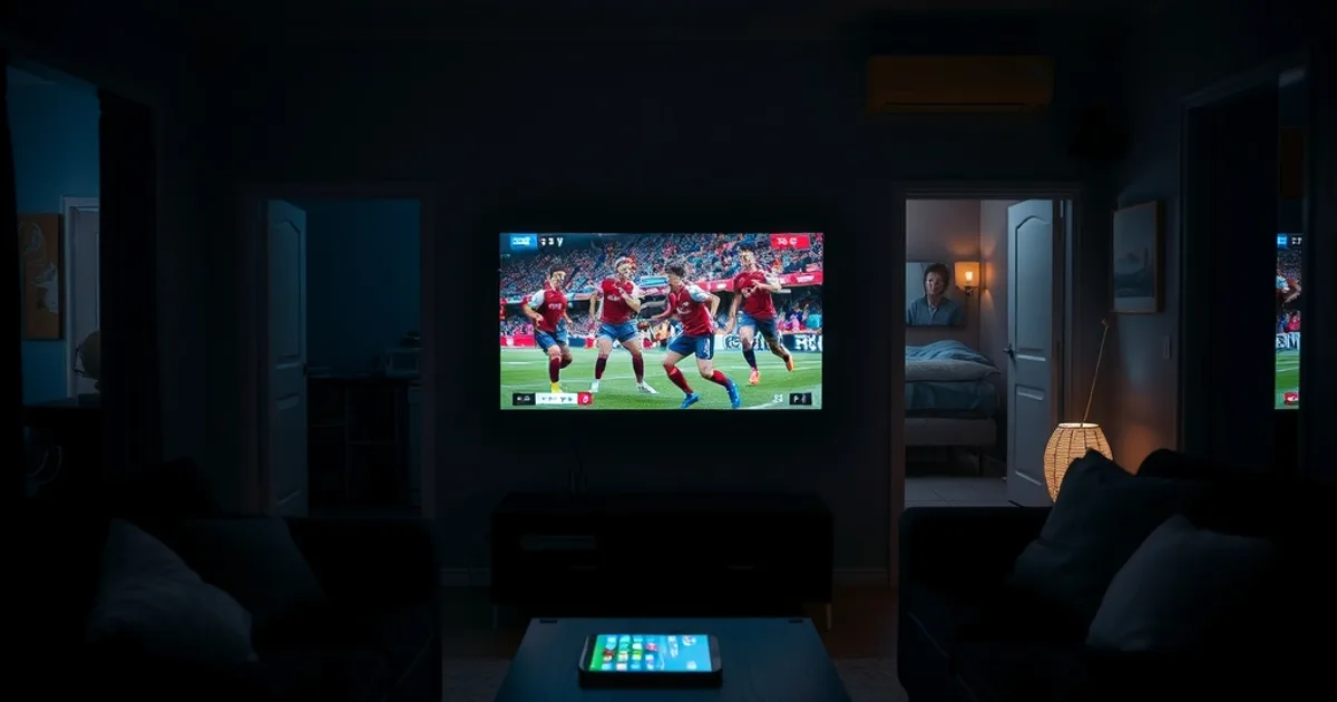 Salón familiar de noche con un televisor mostrando un partido de fútbol, mientras una tablet en la cocina y un móvil en el dormitorio se ven encendidos al fondo