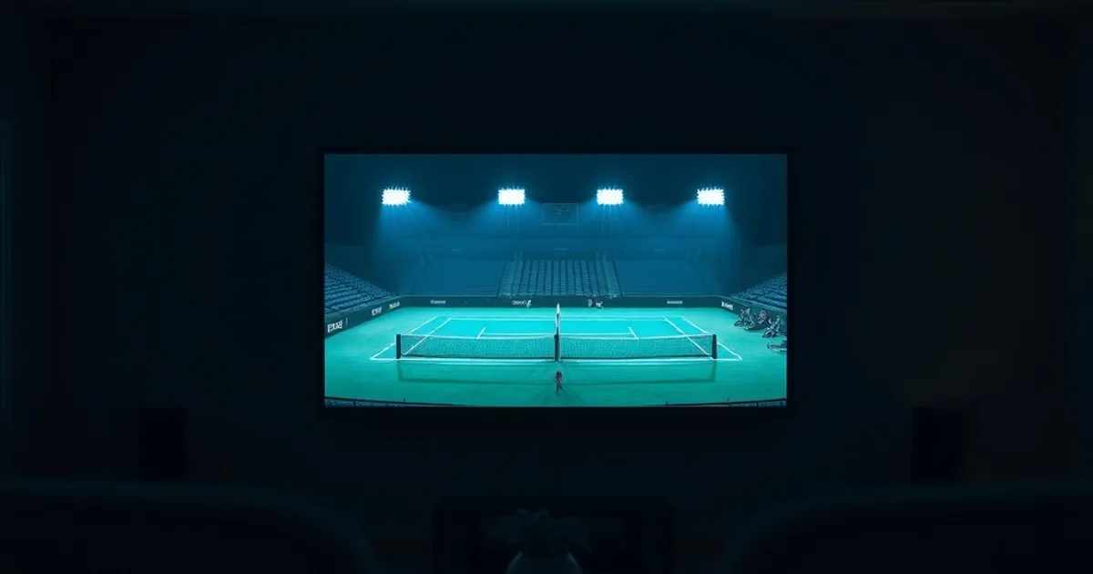 Pista de tenis nocturna iluminada vista a través de una pantalla en un salón oscuro, ambiente cinematográfico