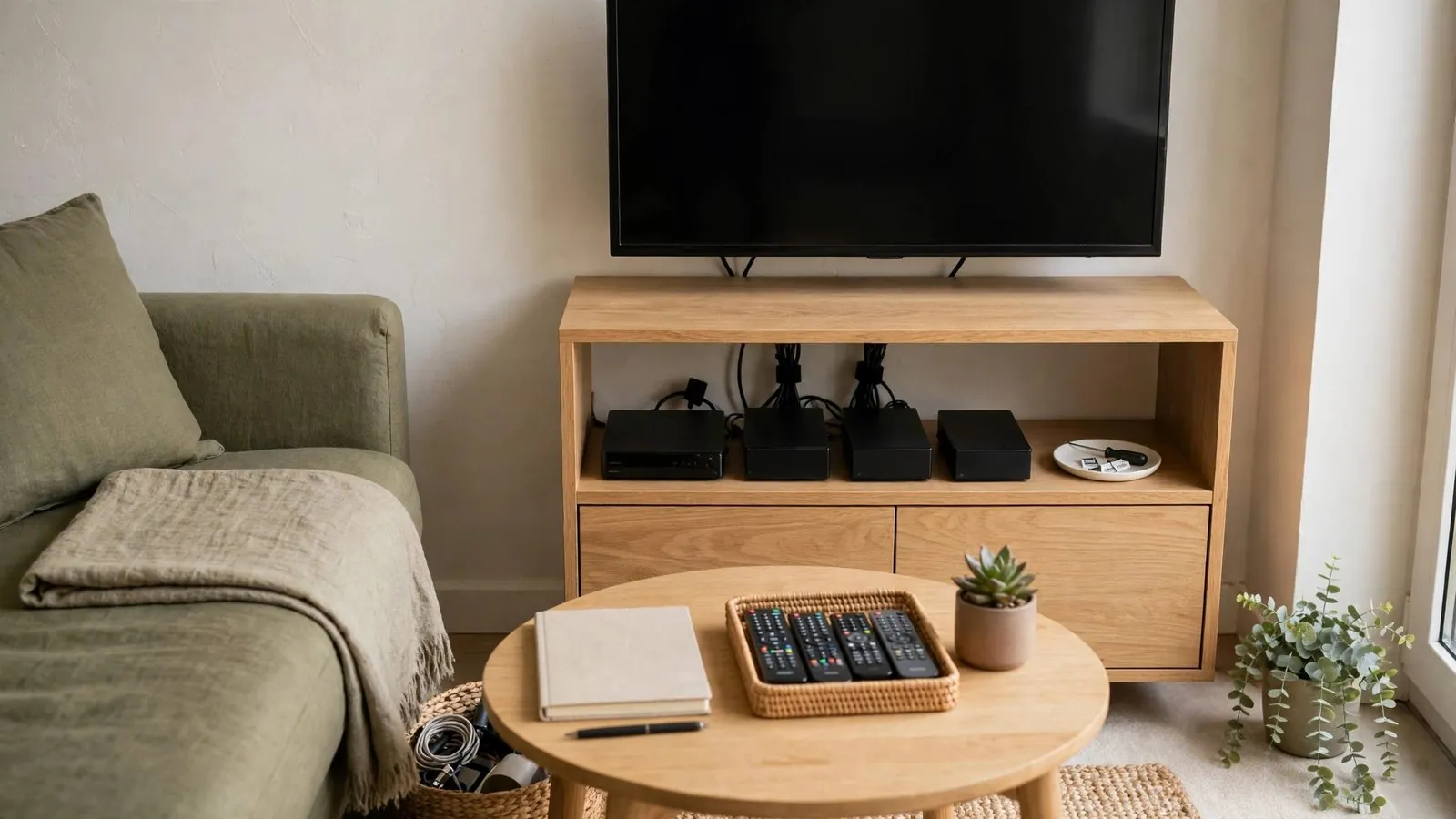 Zona de estar en un salón con sofá acogedor y una pantalla de televisión apagada.